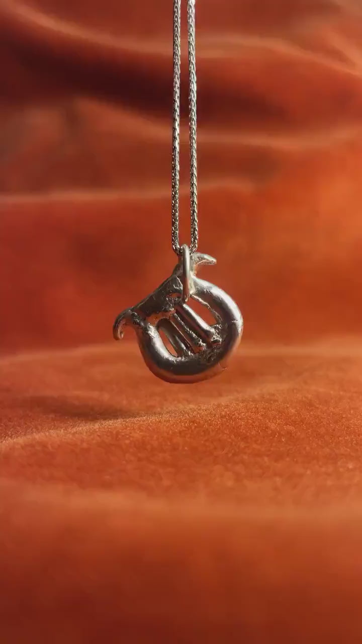 Video of a silver harp charm on a silver necklace.