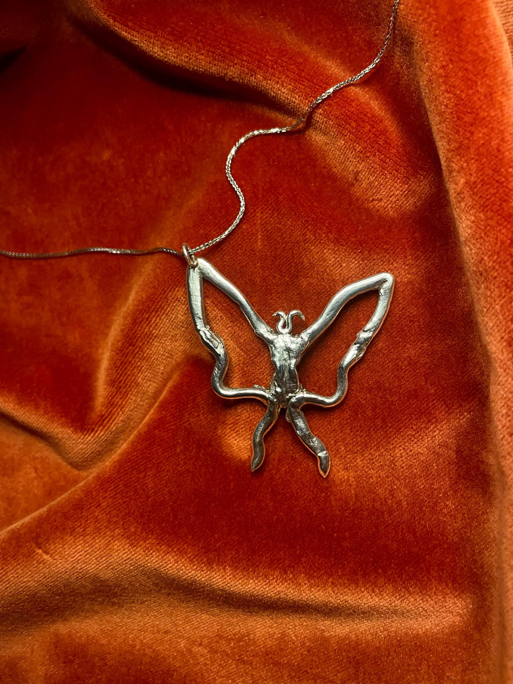 Silver butterfly pendant necklace on a rust-colored fabric background