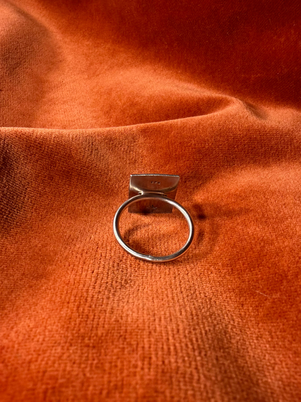 Image of the back of a silver ring. Staged on an orange velvet background. 