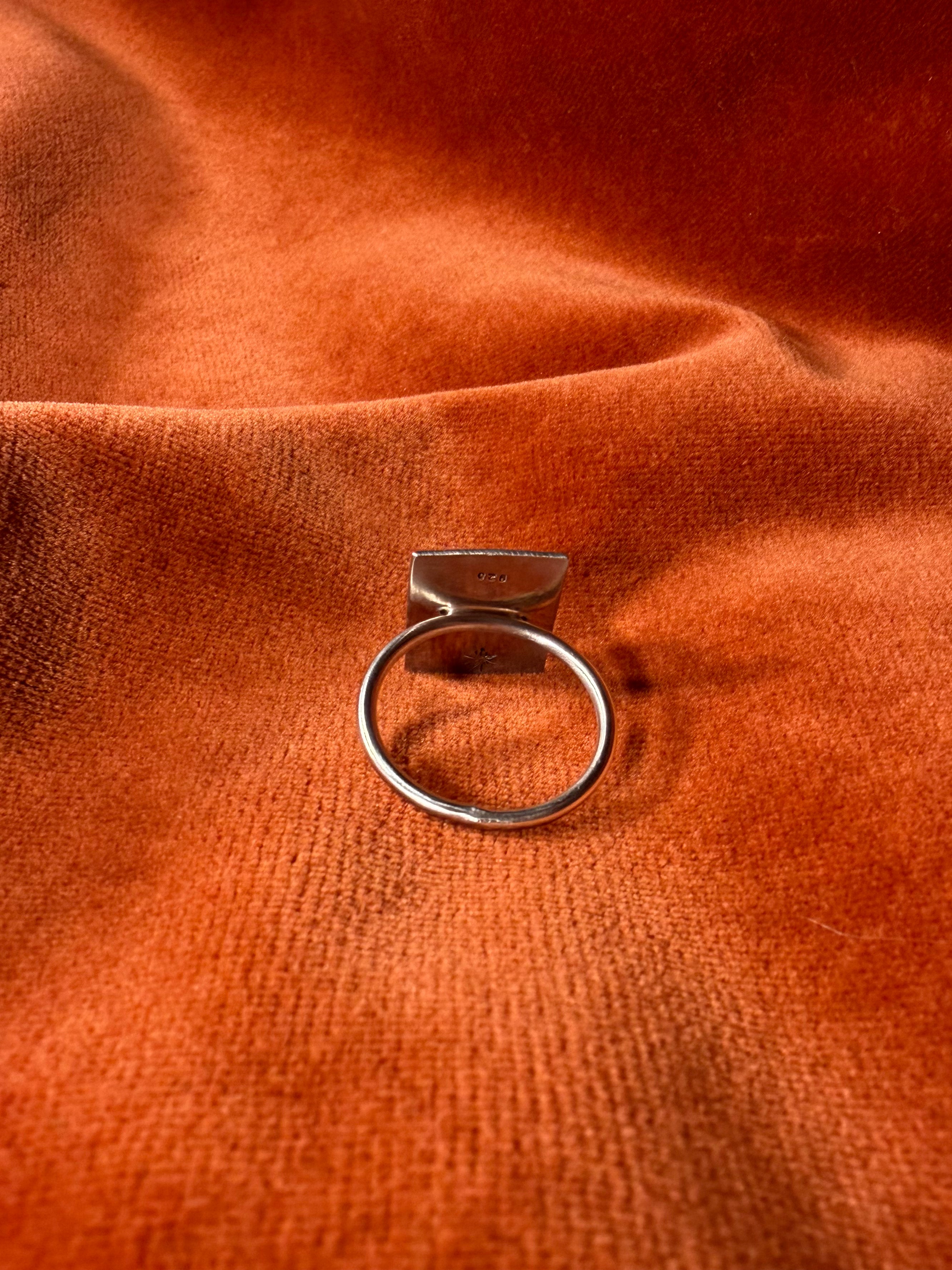 Image of the back of a silver ring. Staged on an orange velvet background. 
